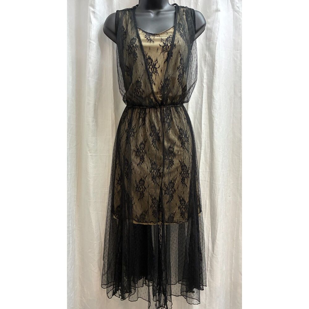 Whimsigoth Dark Fairy Black Floral Lace Sheer Overlay Cocktail Dress Size L Fall